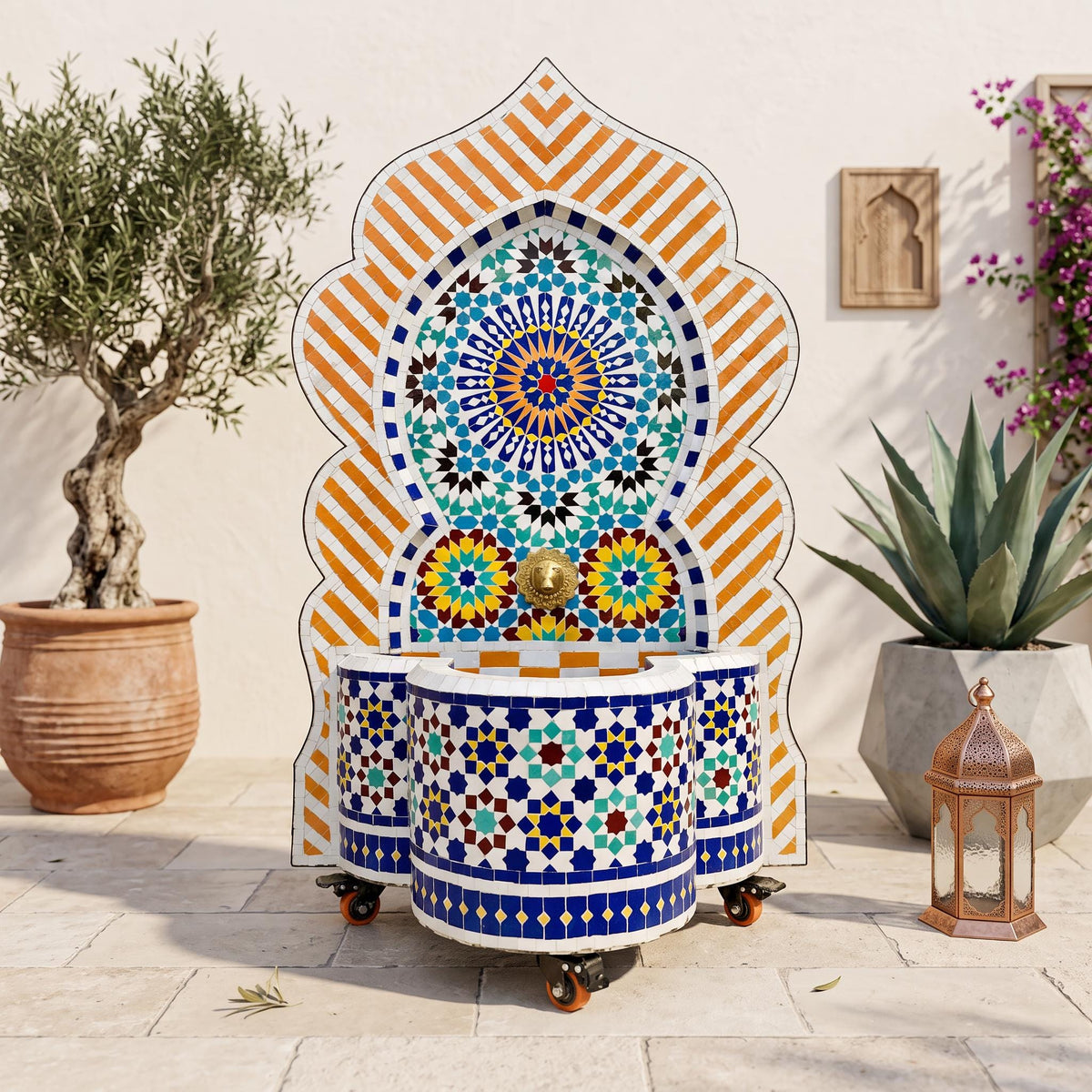 a decorative fountain with a colorful mosaic design, surrounded by potted plants and a lantern, creating a serene and inviting atmosphere.