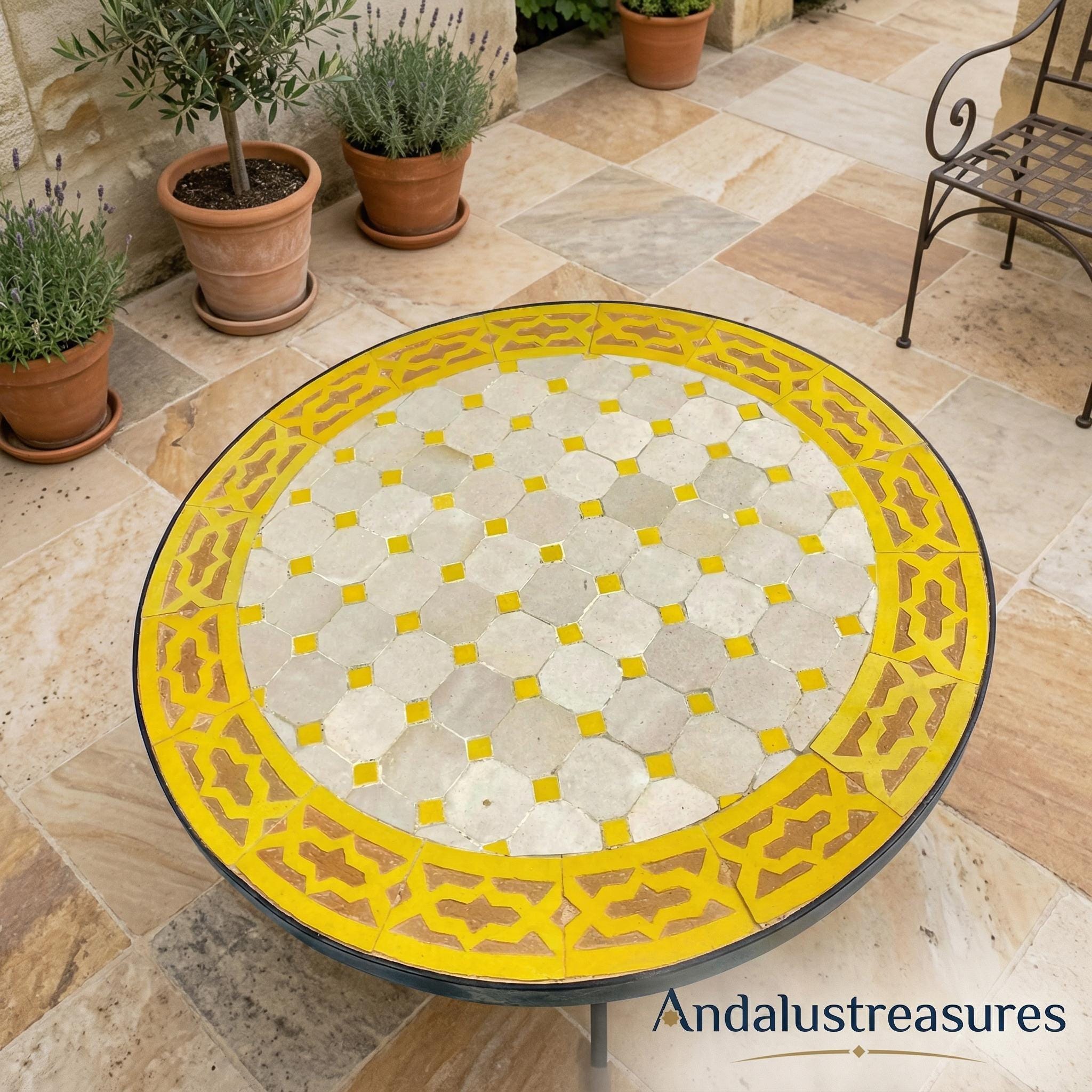 Moroccan Mosaic Coffee Table, Handcrafted Zellige, 12–48 In, Iron