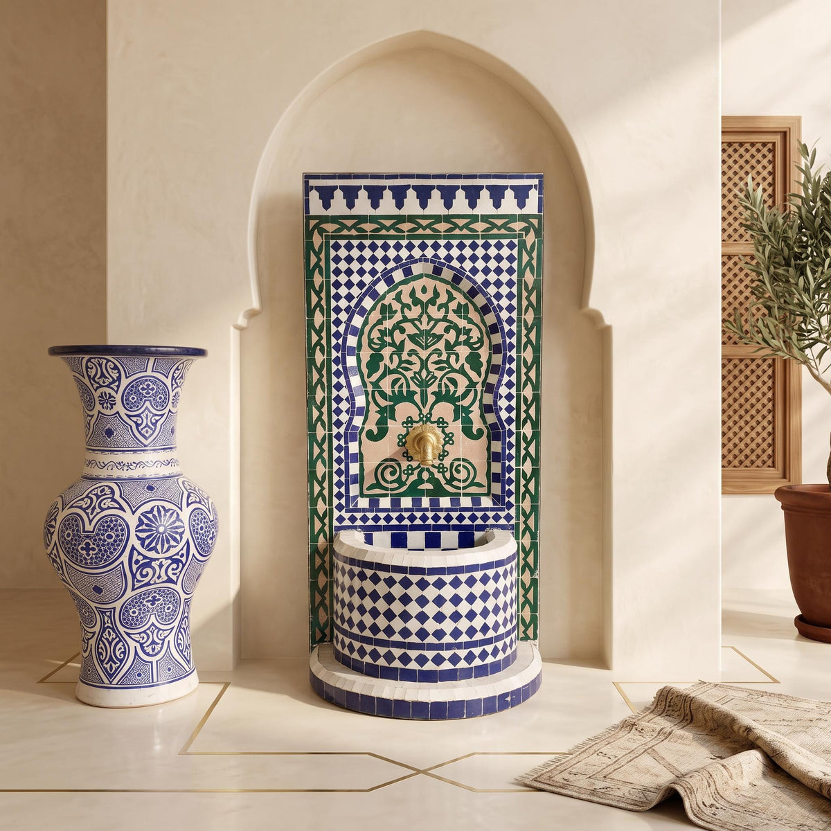 a decorative fountain with intricate blue and white tile patterns, situated in a room with a white archway. Next to the fountain is a large blue and white vase, and a potted plant is visible in the background.