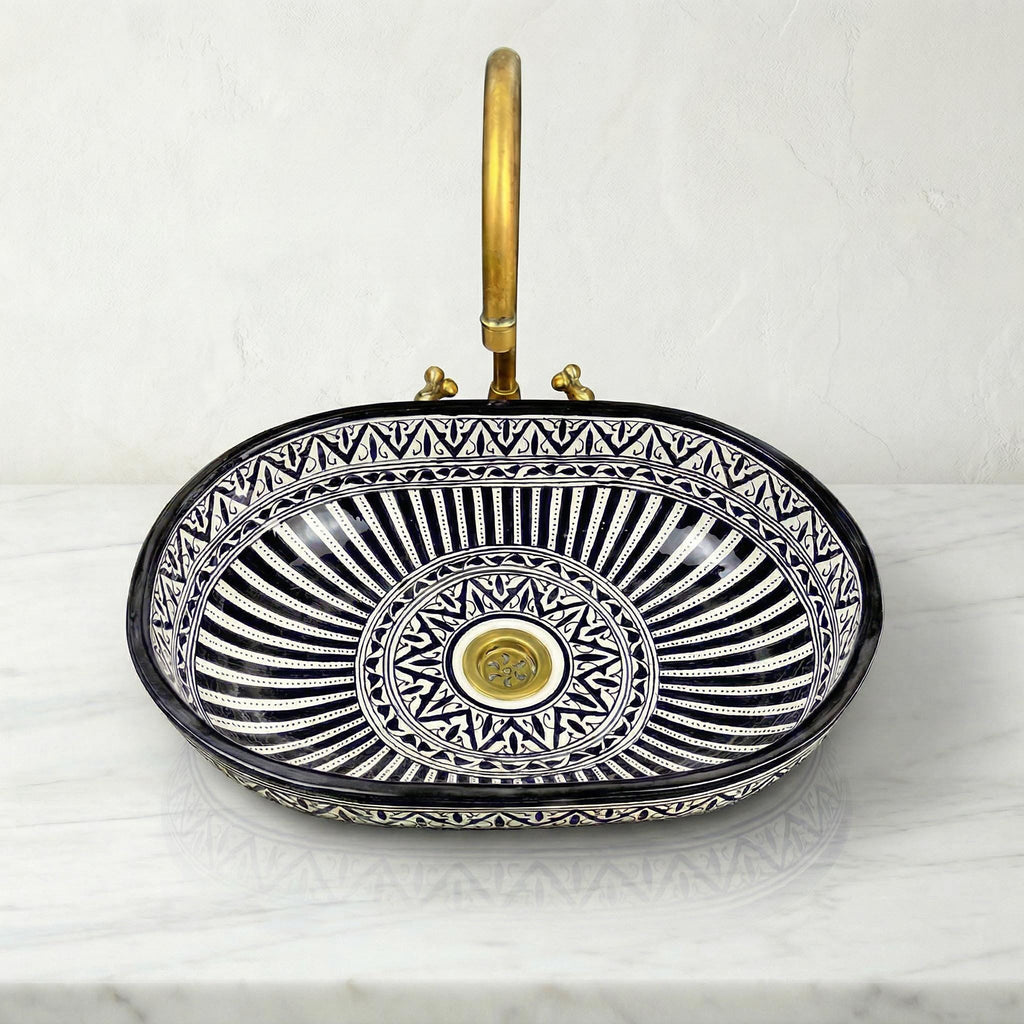 Moroccan Ceramic Sink, Oval Porcelain Basin 40cm With Brass Drain