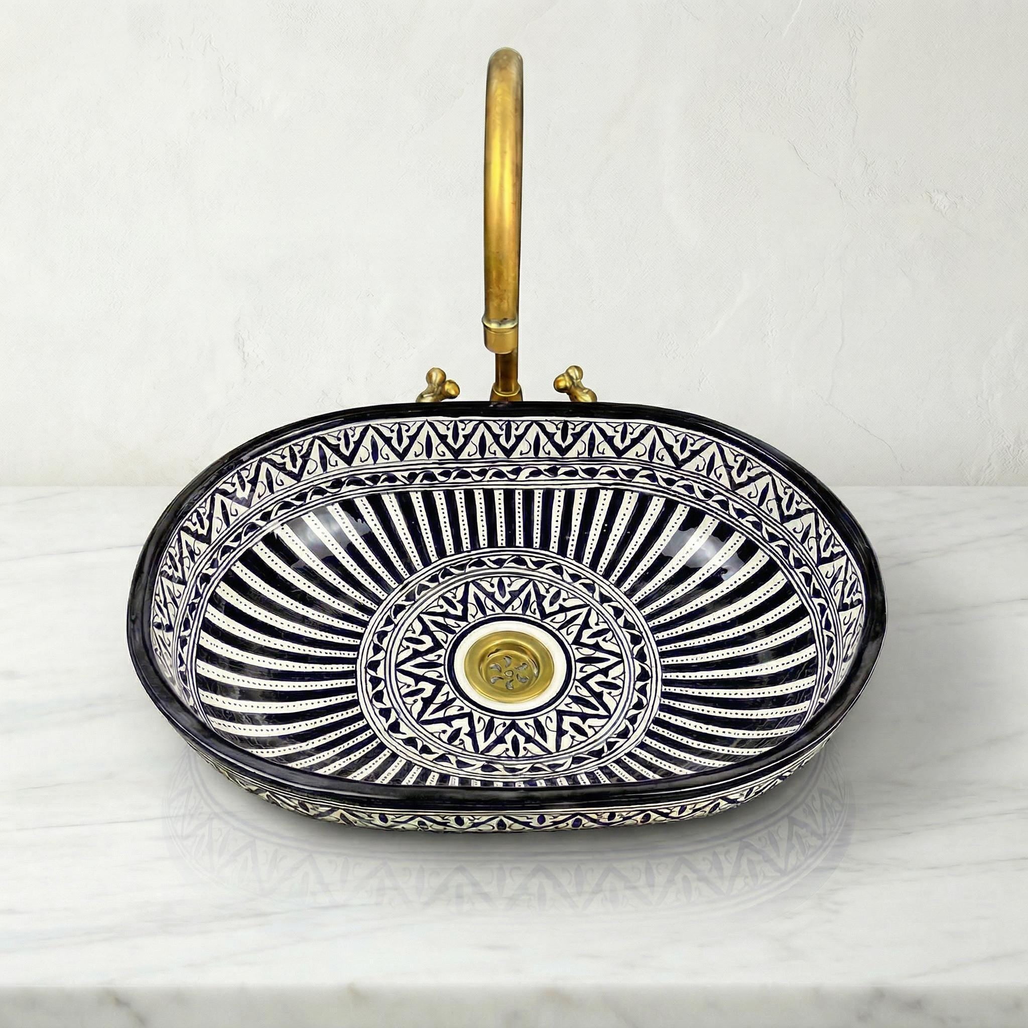 Moroccan Ceramic Sink, Oval Porcelain Basin 40cm With Brass Drain
