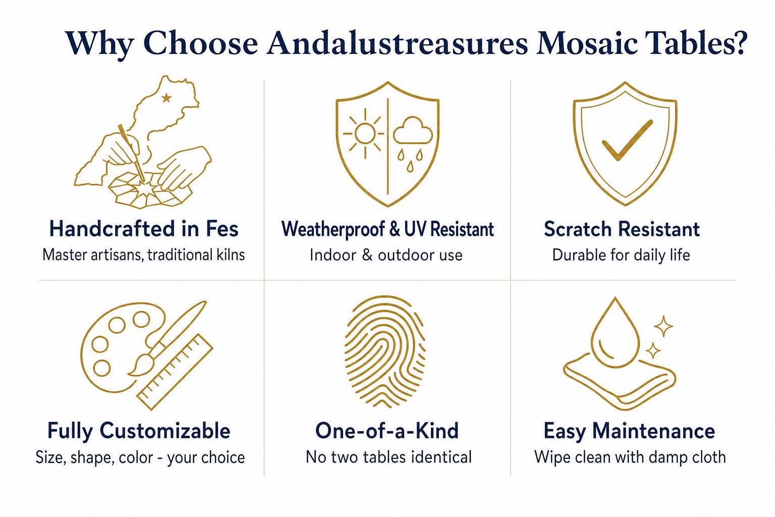 The image is a visual representation of the benefits of choosing and using mosaic tables, featuring six different types of mosaic tables with corresponding benefits.