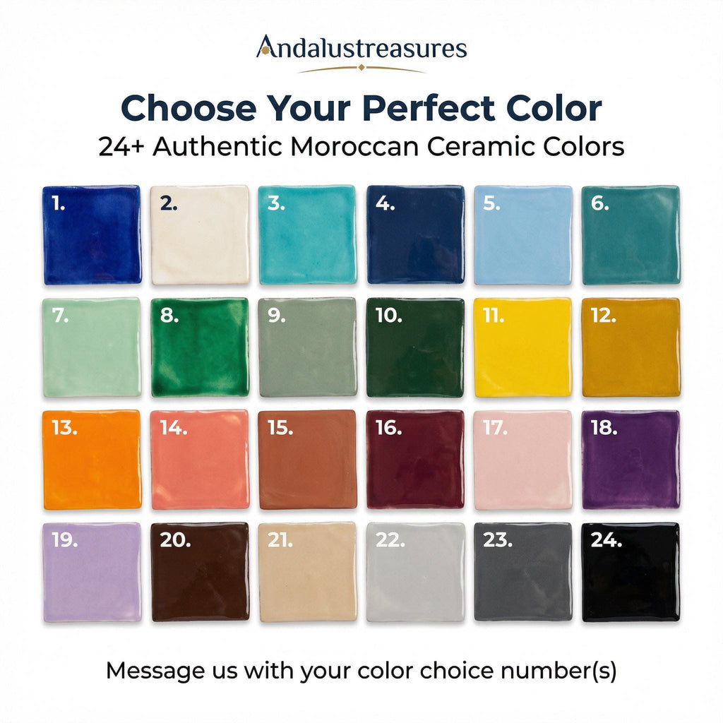 a collection of 24+ authentic Moroccan ceramic colors, each with a unique number, arranged in a grid format. The text at the top of the image reads "Choose Your Perfect Color" and "24+ Authentic Moroccan Ceramic Colors". The bottom of the image instructs to "Message us with your color choice numbers(?)".