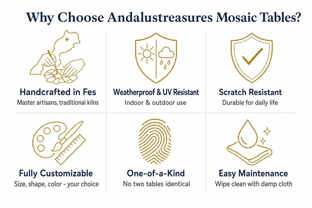The image is a visual representation of the benefits of choosing and using mosaic tables, featuring six different types of mosaic tables with corresponding benefits.
