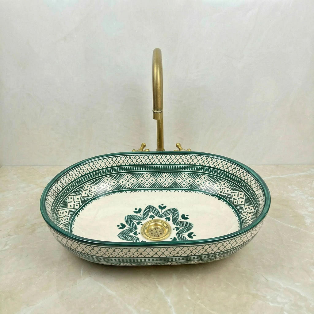 Moroccan Ceramic Vessel Sink, Oval Green Fishscale, Free Drain