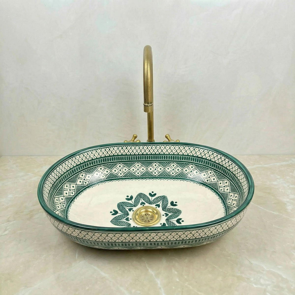 Moroccan Ceramic Vessel Sink, Oval Green Fishscale, Free Drain