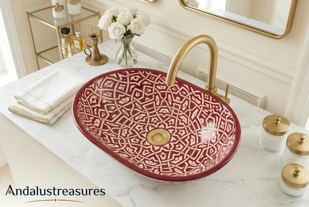 Green Moroccan Vessel Sink, Handcrafted Oval Porcelain Basin 40cm