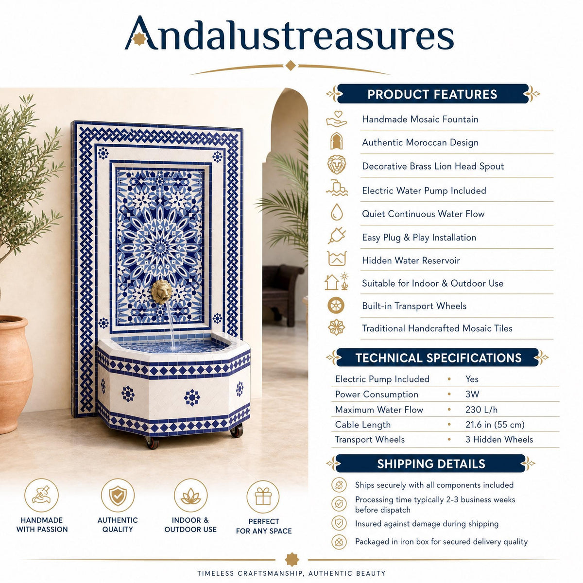 a handcrafted mosaic fountain with a traditional Moroccan design, including a decorative brass lion head spout and an electric water pump. The fountain is set against a backdrop of a white wall and a plant, creating a serene and elegant atmosphere.