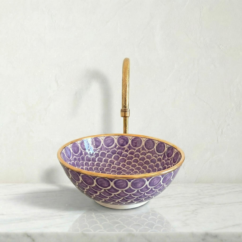 Moroccan Vessel Sink, Coral Pink Porcelain Basin, 14Kt Gold Rims.