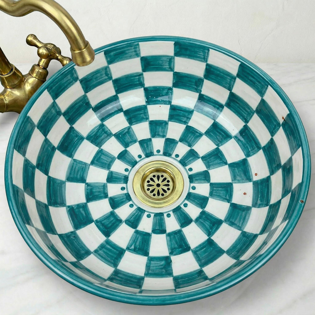 Moroccan Ceramic Vessel Sink, Burgundy Checkered 12" Brass Drains