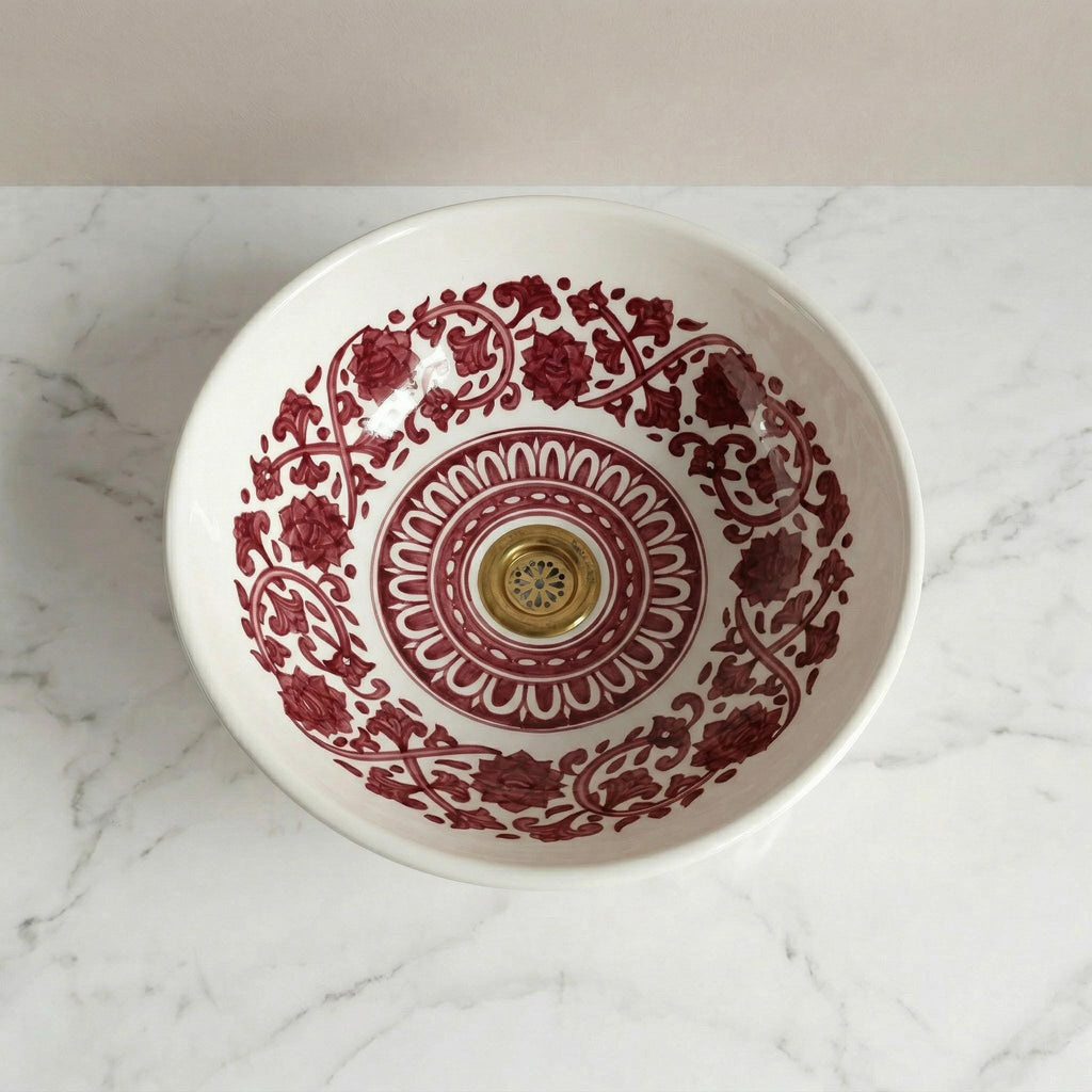 Ceramic Vessel Sink, Moroccan Ruby Red Handmade, 8"–16" Dia Basin