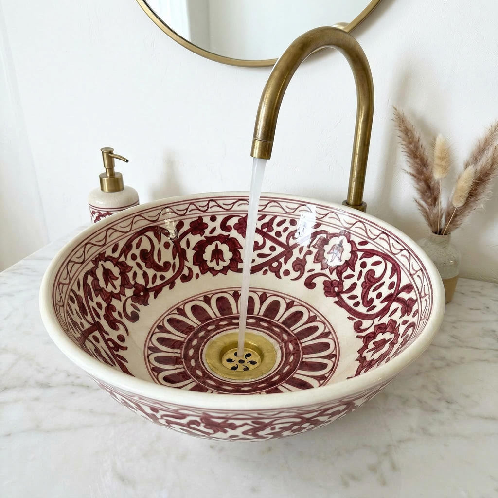 Ceramic Vessel Sink, Burgundy Hand-Painted Moroccan, 12" Diameter