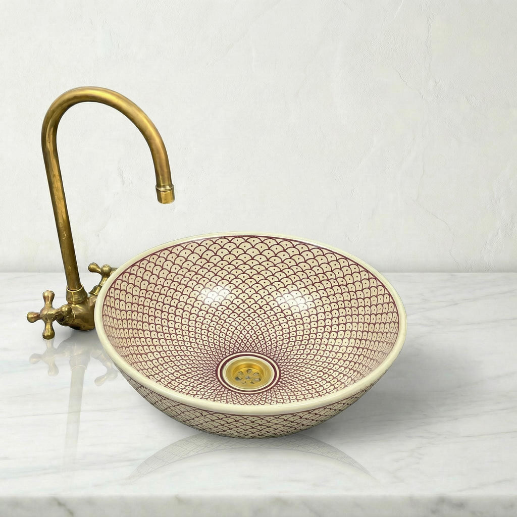 Burgundy Qchur Lhout Hand Painted Round Vessel Sink | Moroccan Ceramic Vanity