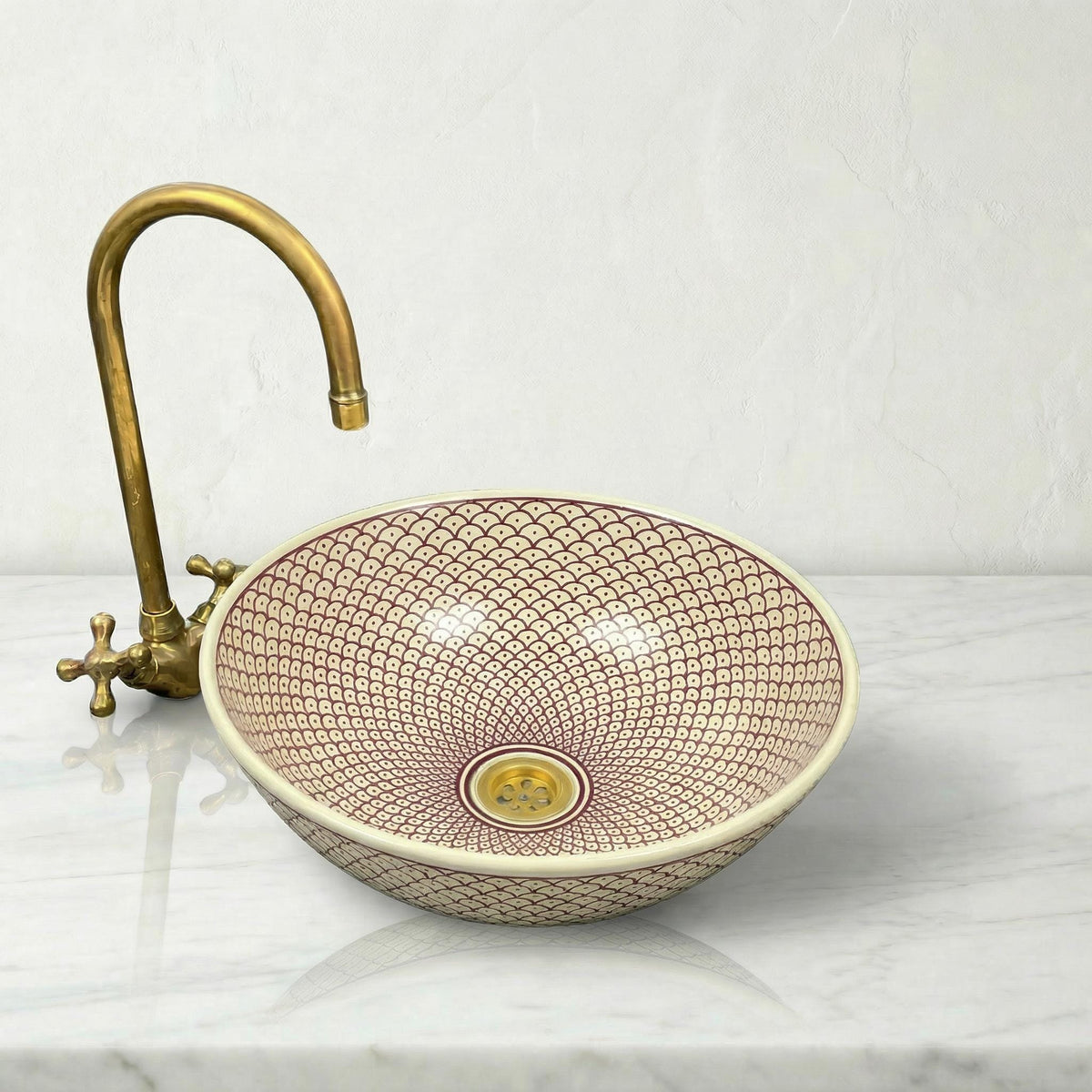 Burgundy Qchur Lhout Hand Painted Round Vessel Sink | Moroccan Ceramic Vanity