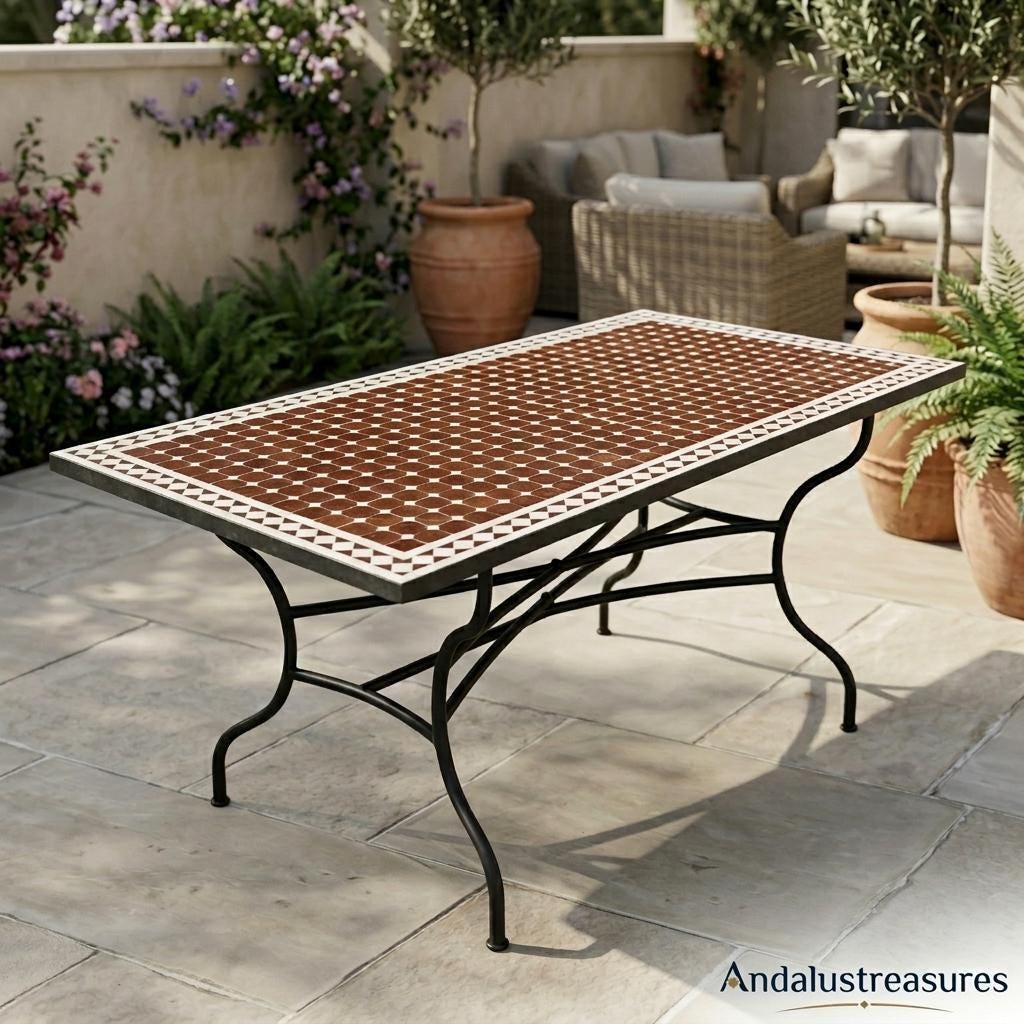 Moroccan Zellige End Table, Hand Cut Mosaic Top, Powder Iron Base