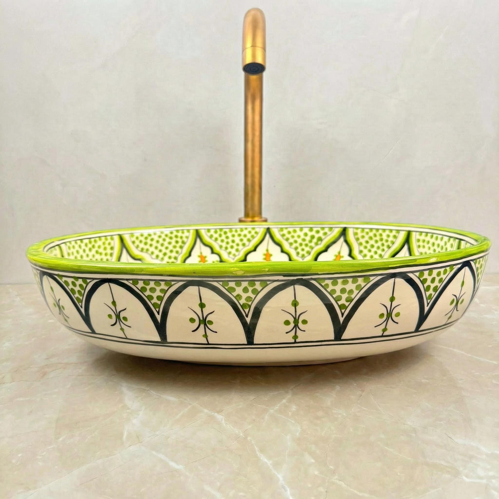 Moroccan Vessel Sink, Oval Turquoise Floral Handmade Basin, 36 Cm