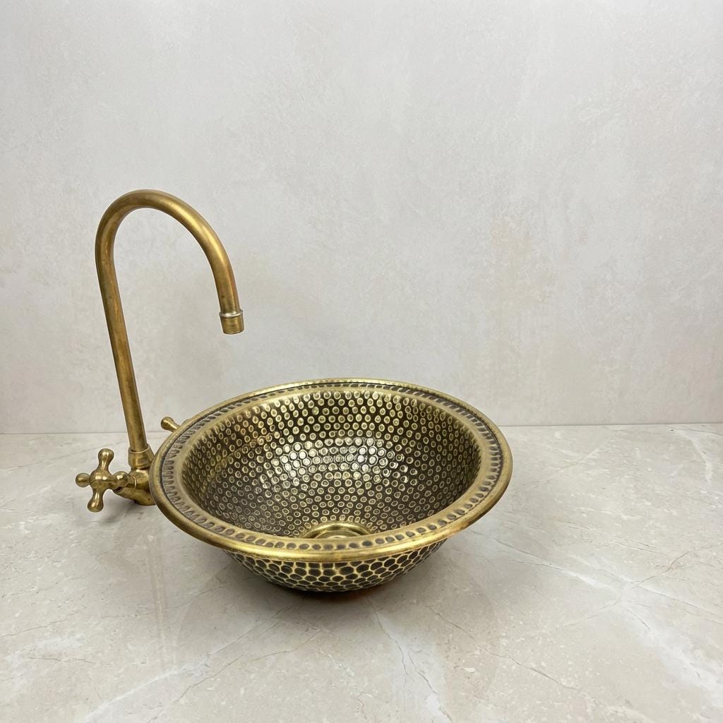 Moroccan Brass Lavabo, Hammered Unlacquered Basin, 16 In Diameter