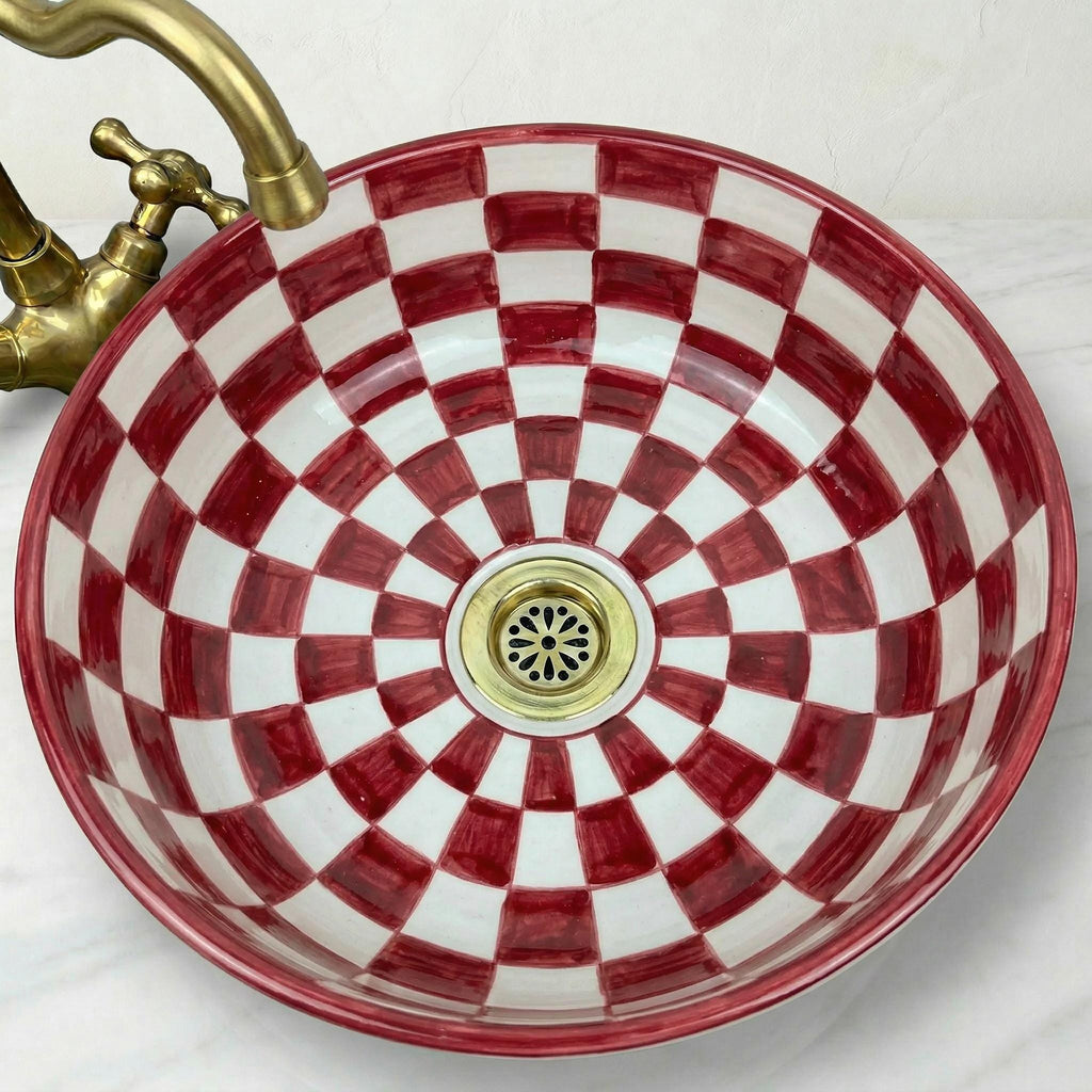 Moroccan Vessel Sink, Ruby Red Checkered Ceramic Basin, 8"-16"Dia