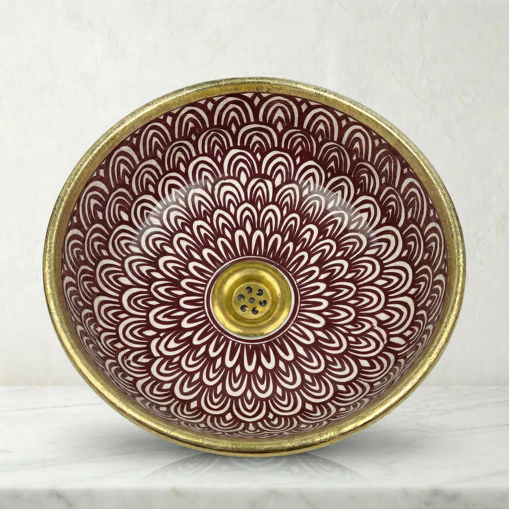 Moroccan Vessel Sink, Handcrafted Black Glazed Basin Brass Collar