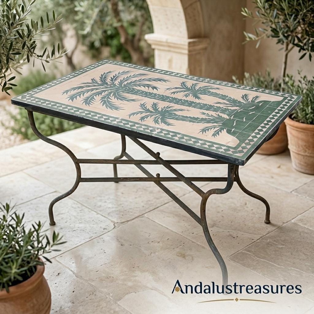 Moroccan Zellige Table, Palm Tree Mosaic Patio Table, 36 In Round