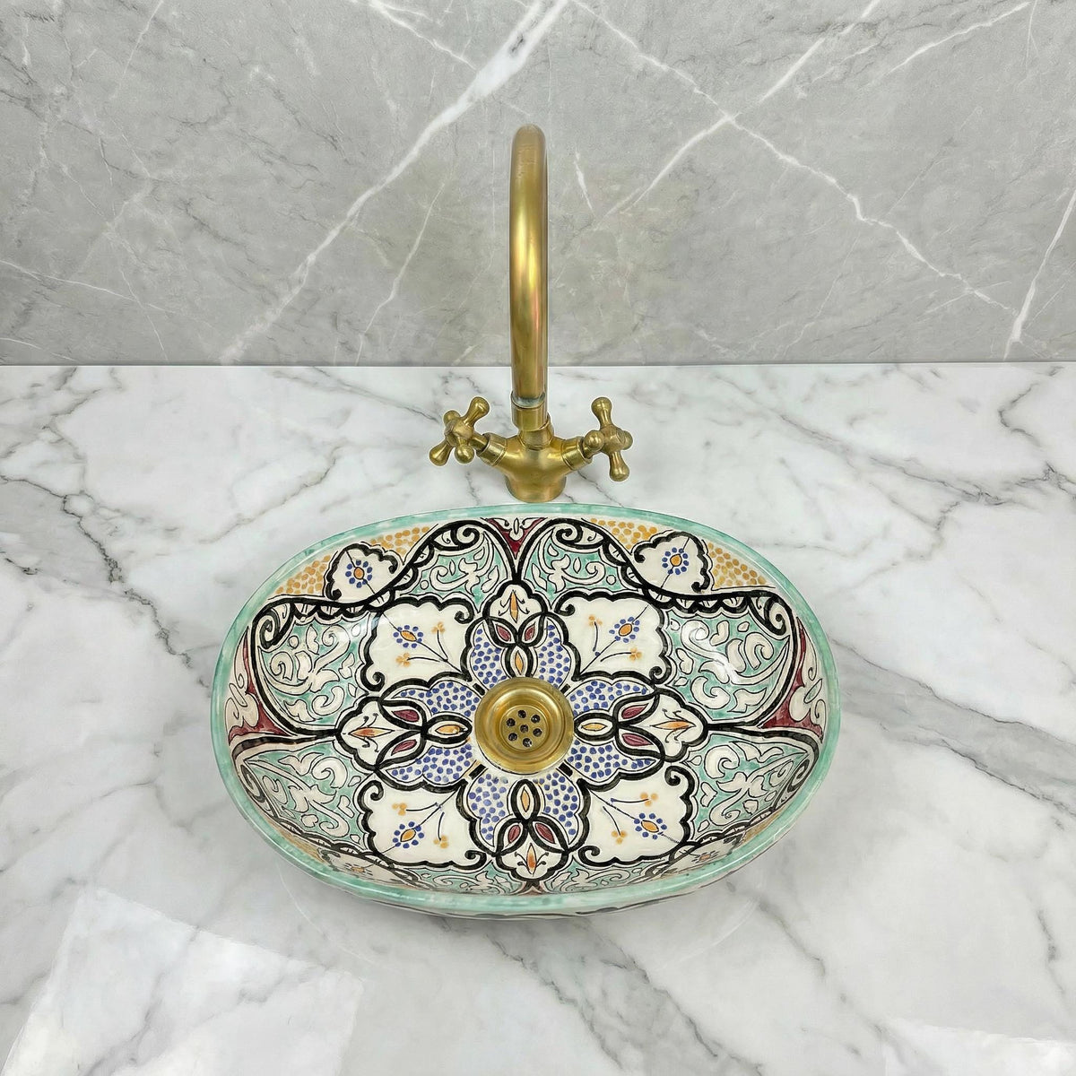 Moroccan Ceramic Vessel Sink, Oval Ceramic Basin 40cm Brass Drain
