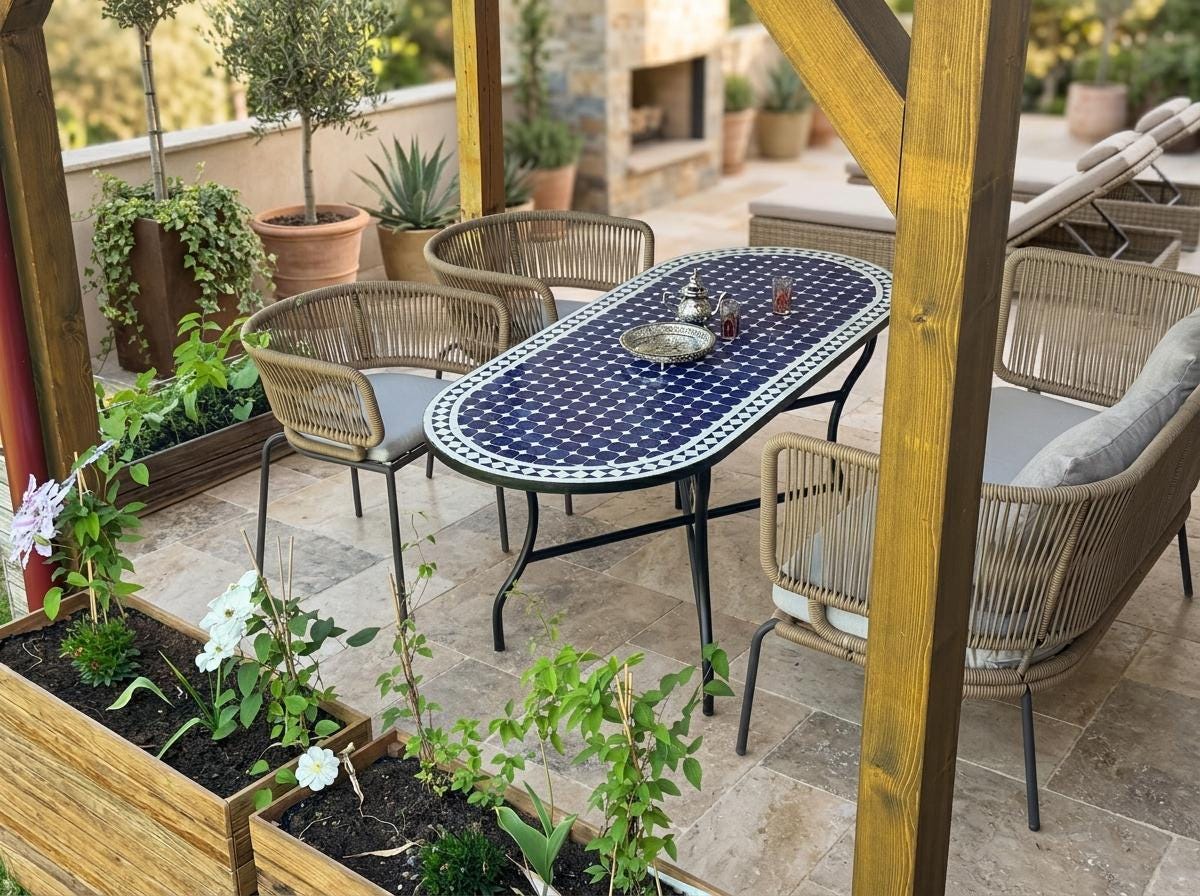 Moroccan Mosaic Table, Handmade Zellige Tile Top, Iron Legs, 36 In