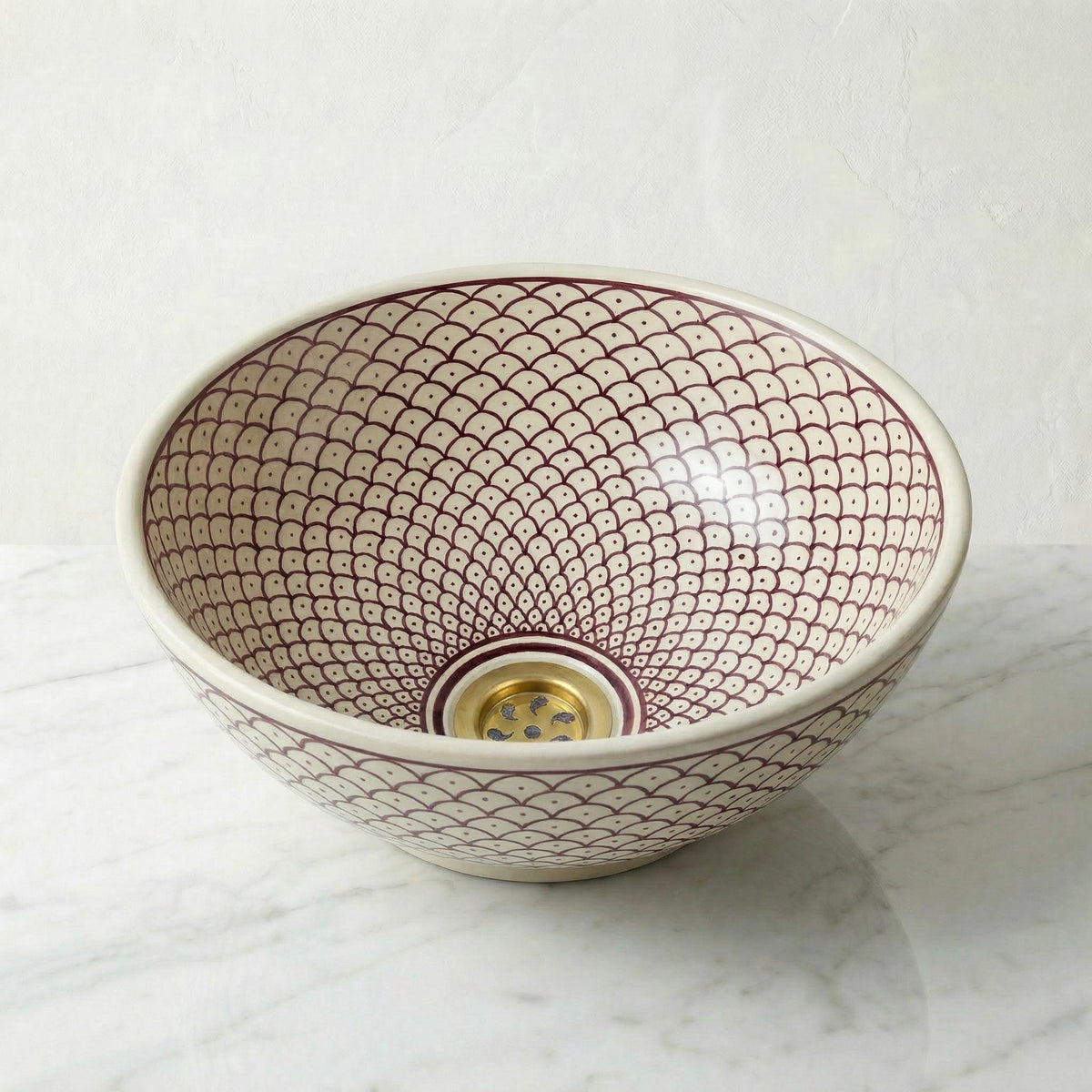 Moroccan Vessel Sink, Hand-Painted Burgundy Ceramic, 8-16" Round.