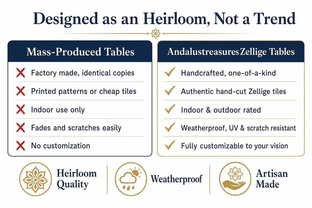 The image is a comparison between mass-produced tables and handcrafted, one-of-a-kind Zelliges tables. It highlights the differences in quality, craftsmanship, and customization between the two types of tables.