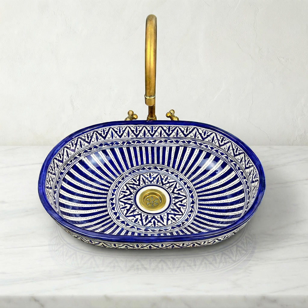 Moroccan Ceramic Sink, Oval Porcelain Basin 40cm With Brass Drain