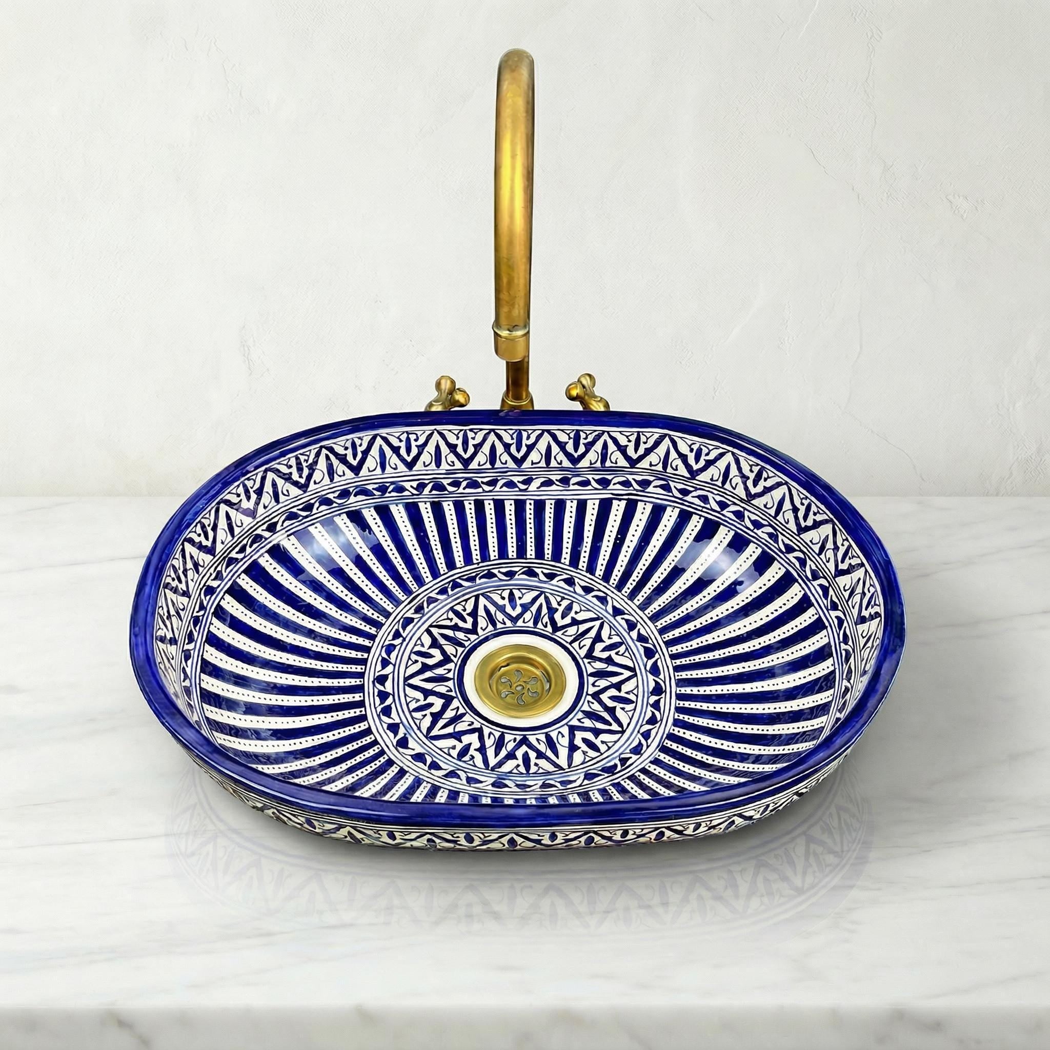 Moroccan Ceramic Sink, Oval Porcelain Basin 40cm With Brass Drain