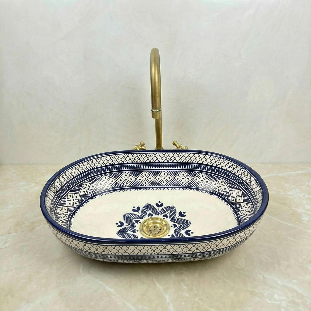 Moroccan Ceramic Vessel Sink, Oval Green Fishscale, Free Drain