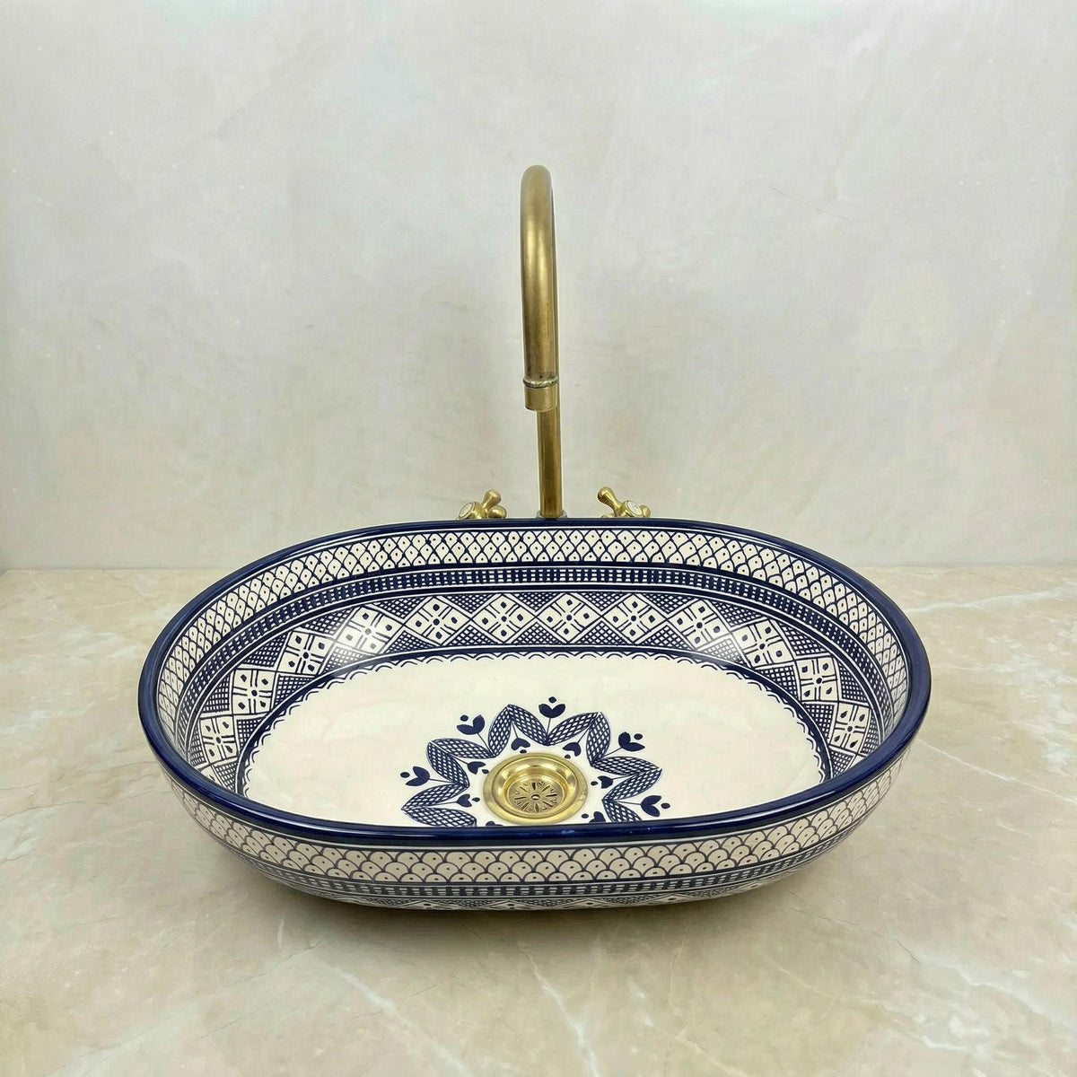 Moroccan Ceramic Vessel Sink, Oval Green Fishscale, Free Drain