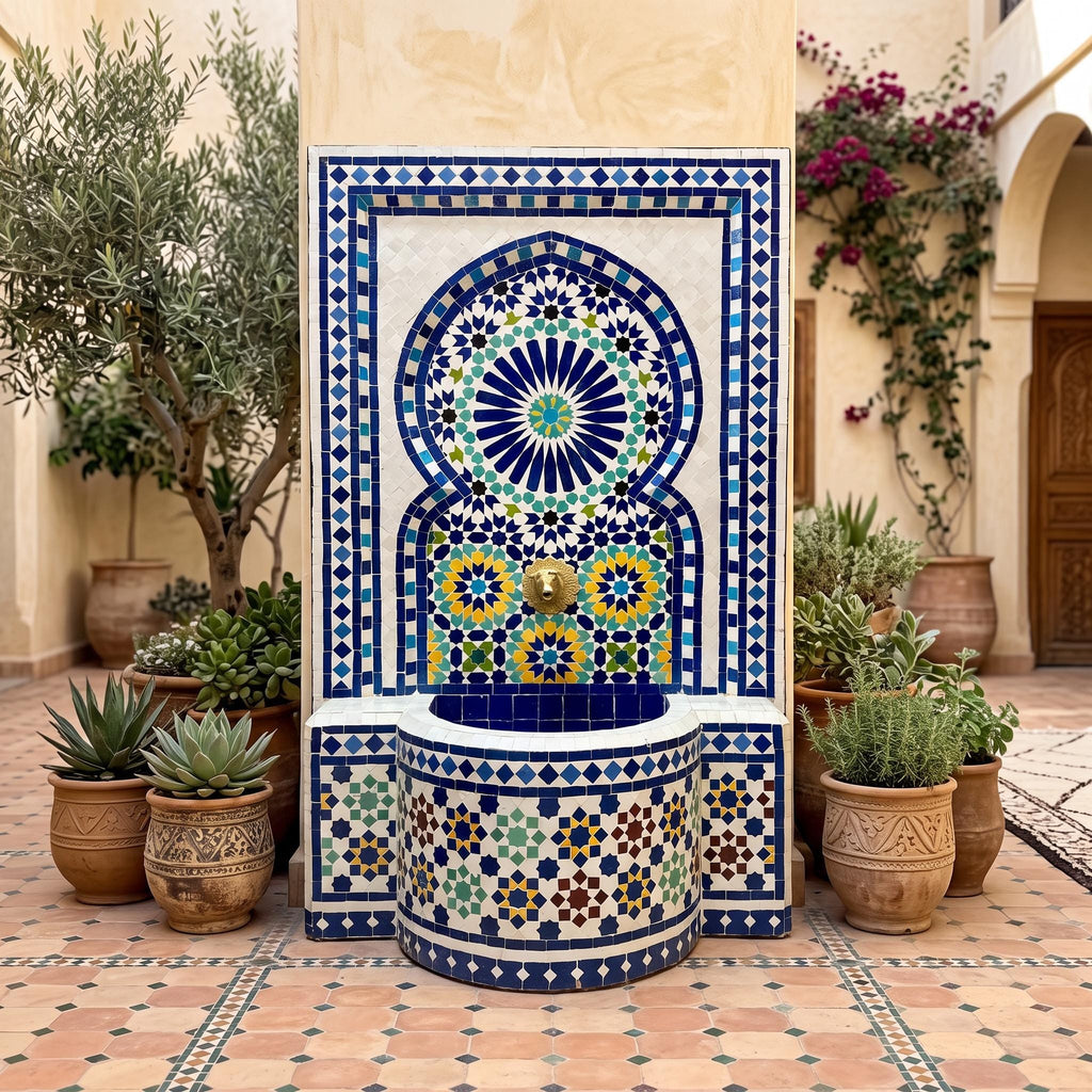 a decorative fountain with a mosaic design, surrounded by potted plants and a building with arched windows in the background.