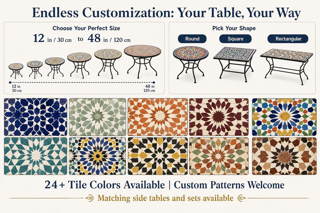 The image is a promotional advertisement for customizable furniture, specifically tables and side tables. It showcases various designs and sizes of tables and side tables, along with a guide on how to choose the perfect size and pick the right shape. The ad highlights the 24+ tile colors available and the custom patterns welcome, emphasizing the flexibility of the furniture to match different styles and preferences.