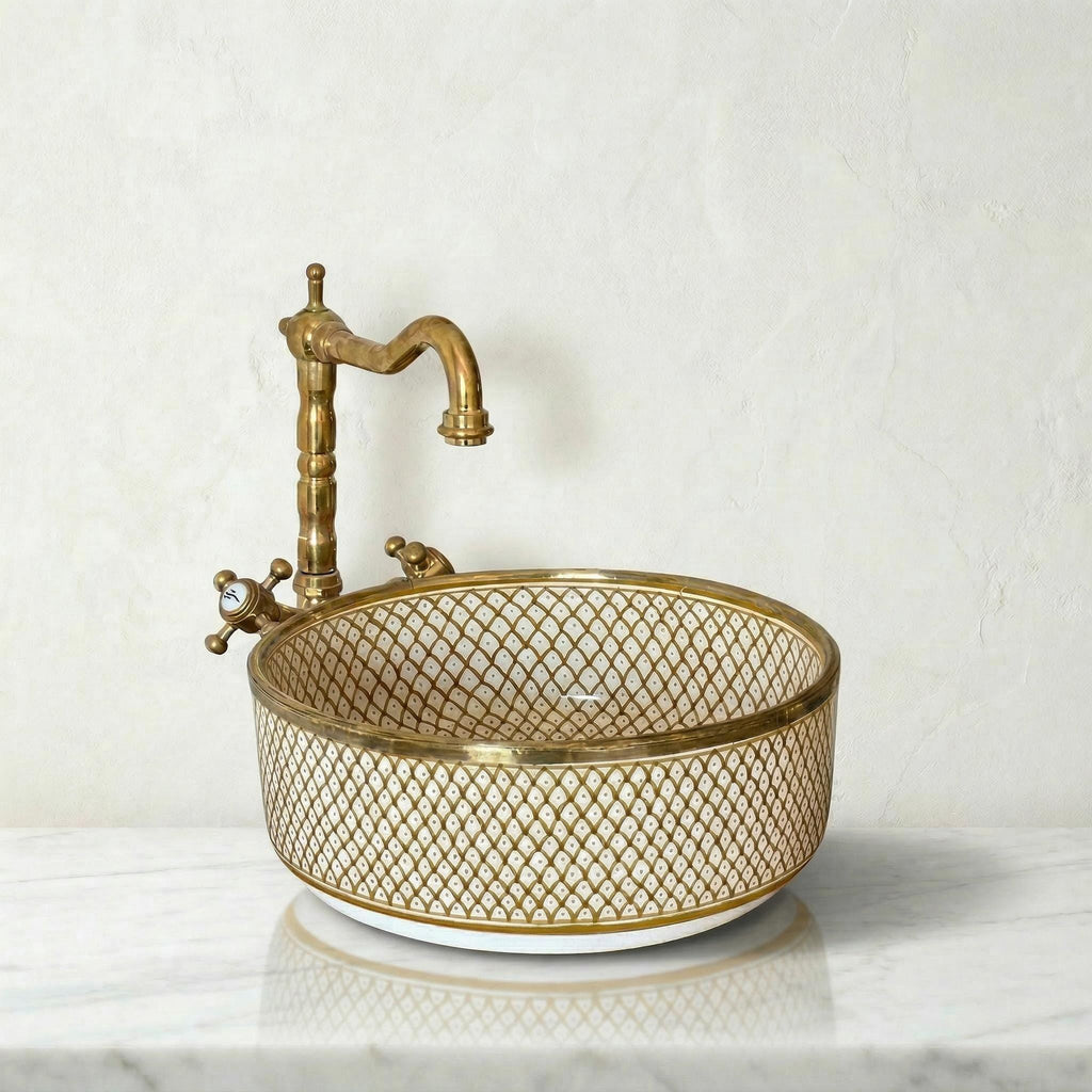Gold Rim Vessel, Handmade Yellow Ceramic Oval Vanity Sink, 8-16".