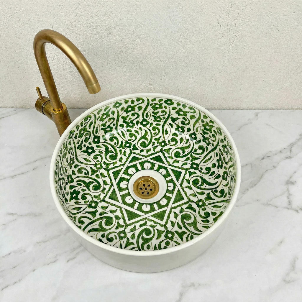 Sage Green Vessel Sink, Hand-Painted Moroccan Ceramic, 12 Inch XL
