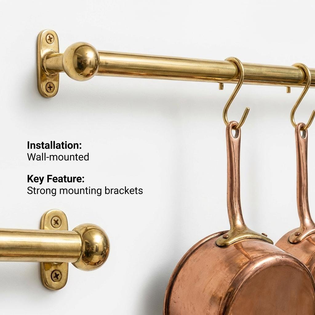 Brass Kitchen Pot Rail Twisted Unlacquered Brass Rod 1/2 In Hooks