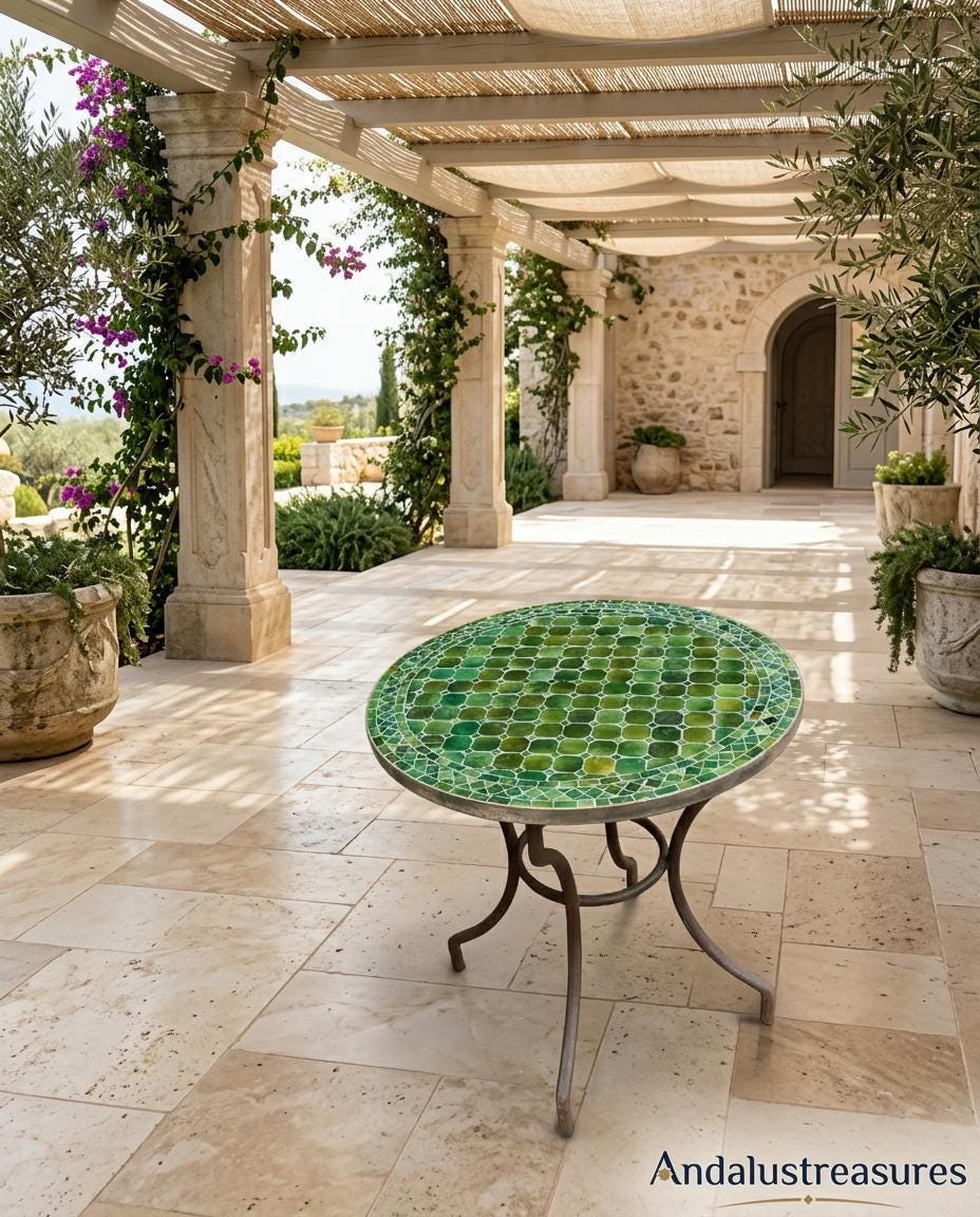 May include: A round outdoor table with a mosaic tile top in shades of green. The table has a wrought iron base with curved legs. The table is on a stone patio, with a pergola and stone building in the background.