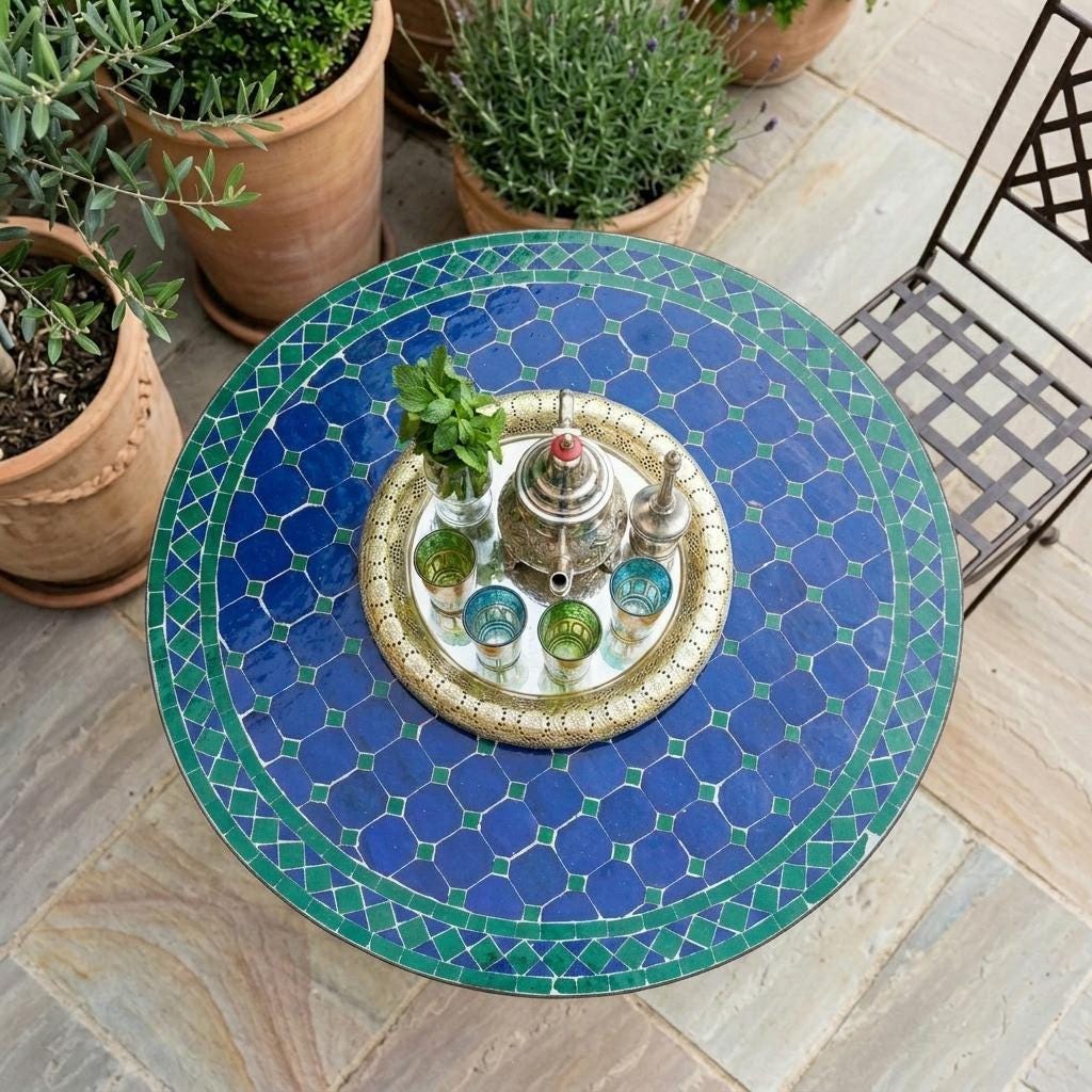 Zellige Tile Table, Boho Mosaic, Powder-Coated Iron Base 12–48 In