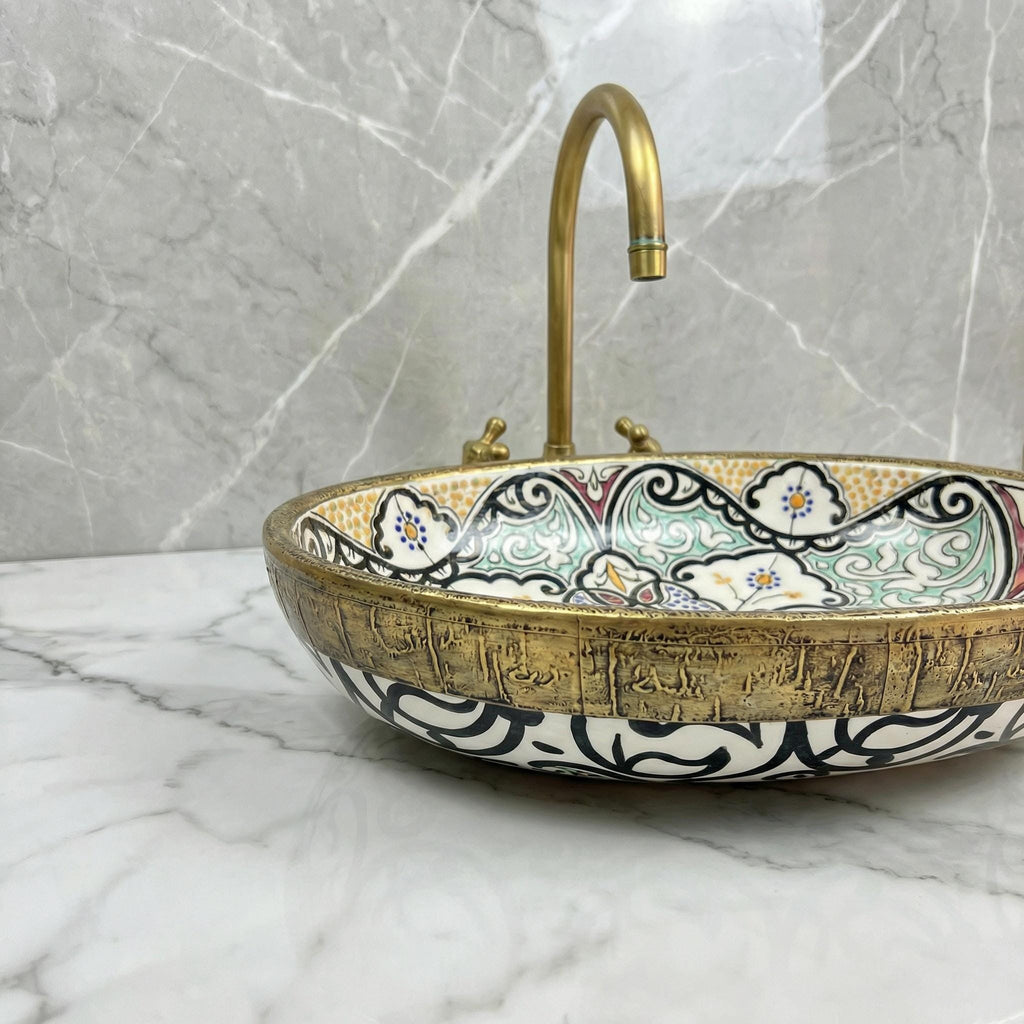 Oval Vessel Sink, Hand-Glazed Ceramic, Brass Drain Included, 40 Cm