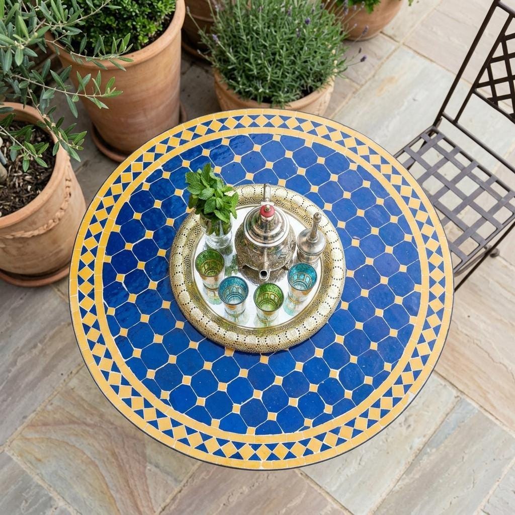 Moroccan Mosaic Bistro Table Handmade Zellige Tile Top, 12–48 Inch