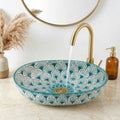 Moroccan Vanity Sink, Turquoise Oval Porcelain Vessel Basin, 18in