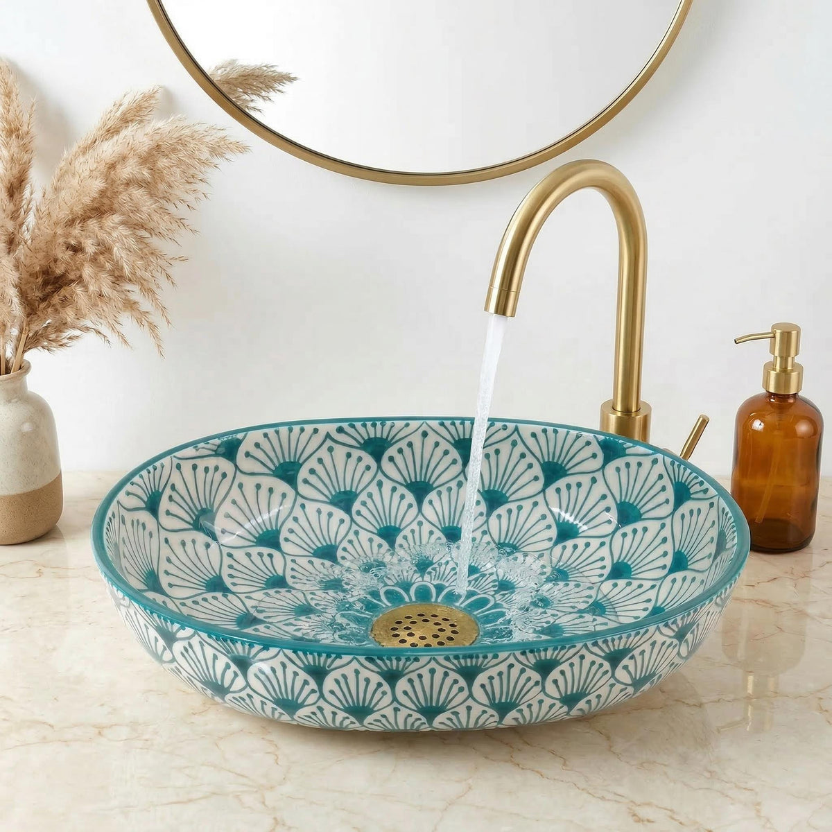 Moroccan Vanity Sink, Turquoise Oval Porcelain Vessel Basin, 18in