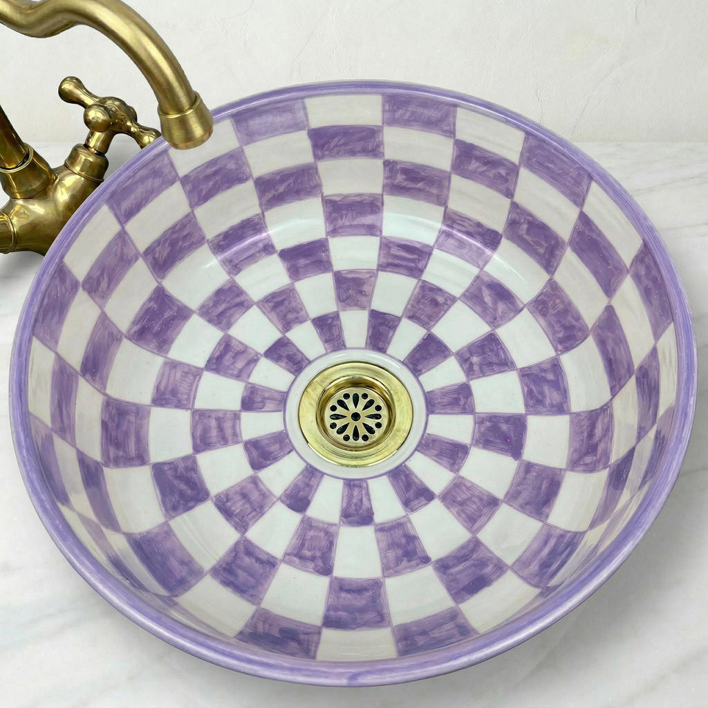 Moroccan Ceramic Vessel Sink, Burgundy Checkered 12" Brass Drains