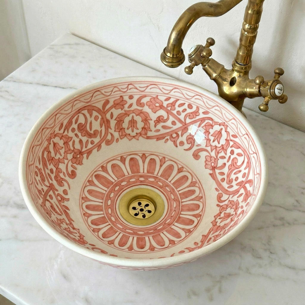 Ceramic Vessel Sink, Burgundy Hand-Painted Moroccan, 12" Diameter