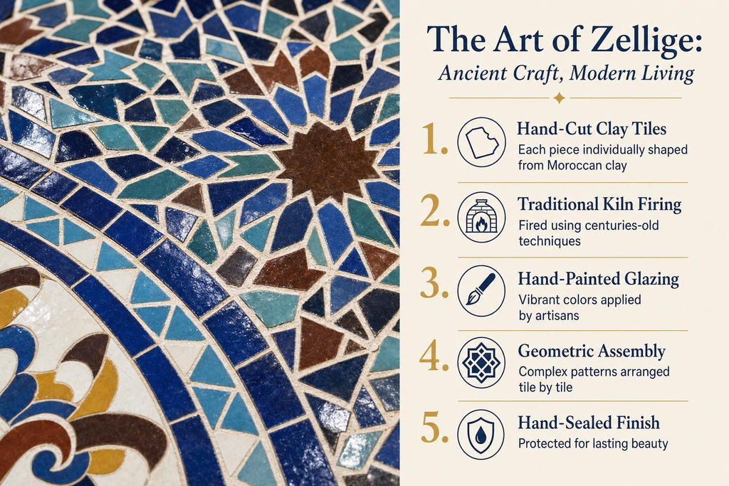 The image is a collage of six images, each depicting a different aspect of the art of Zellig. The images showcase the intricate patterns and craftsmanship of the tiles, highlighting the ancient art of Zellig.