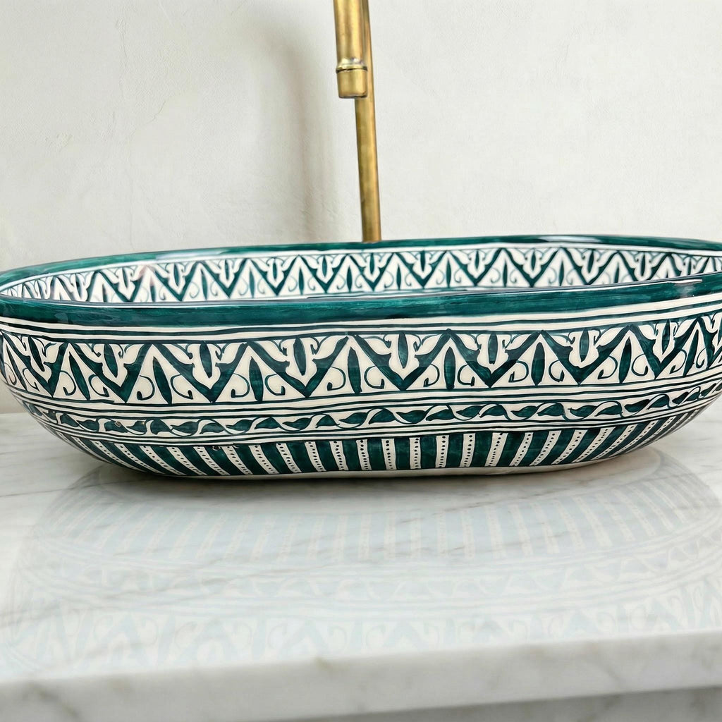 Moroccan Ceramic Sink, Oval Porcelain Basin 40cm With Brass Drain