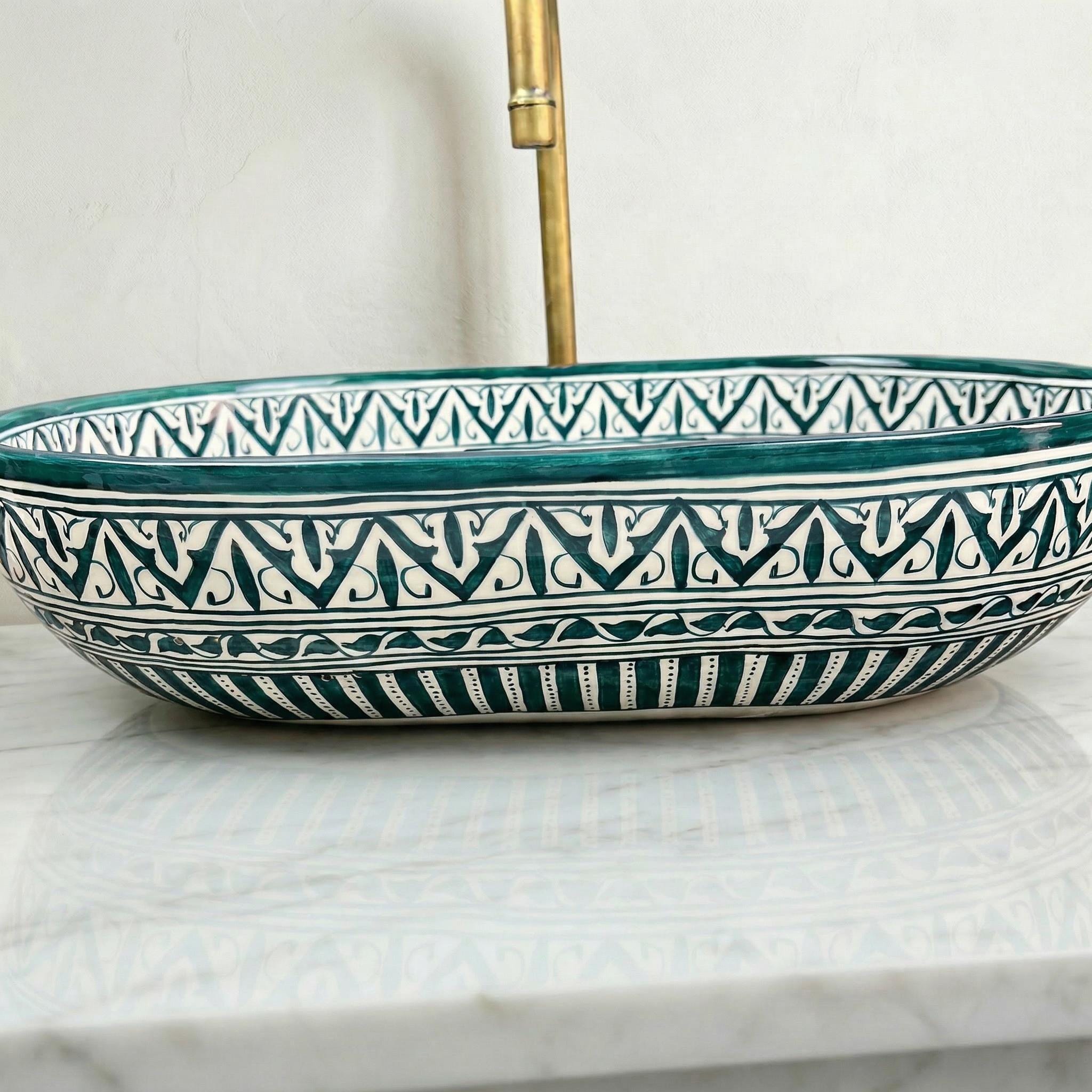Moroccan Ceramic Sink, Oval Porcelain Basin 40cm With Brass Drain