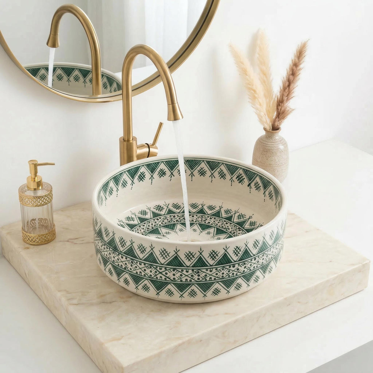 Ceramic Vessel Sink, Moroccan Green Marble, Handmade 8-16" Basin.