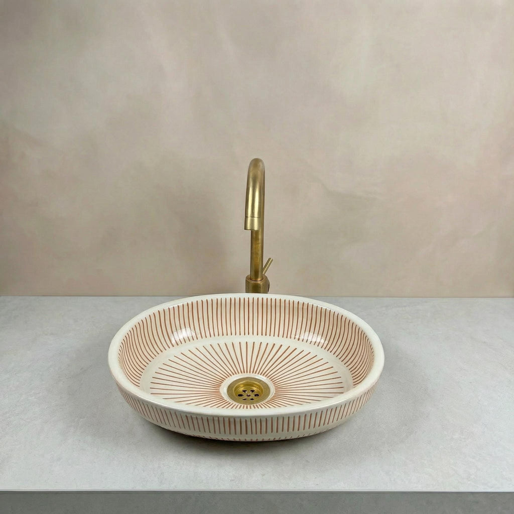 Fes Ceramic Washbasin' Oval Moroccan Vessel Sink, Handmade 40 cm Brass Drain